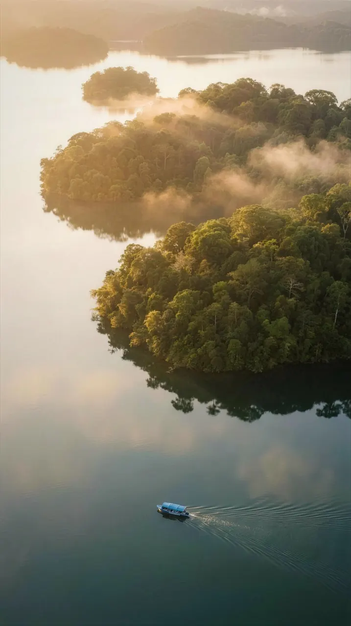 Aerial view of a boat crossing a mist-covered rainforest lake at golden hour on Gatun Lake