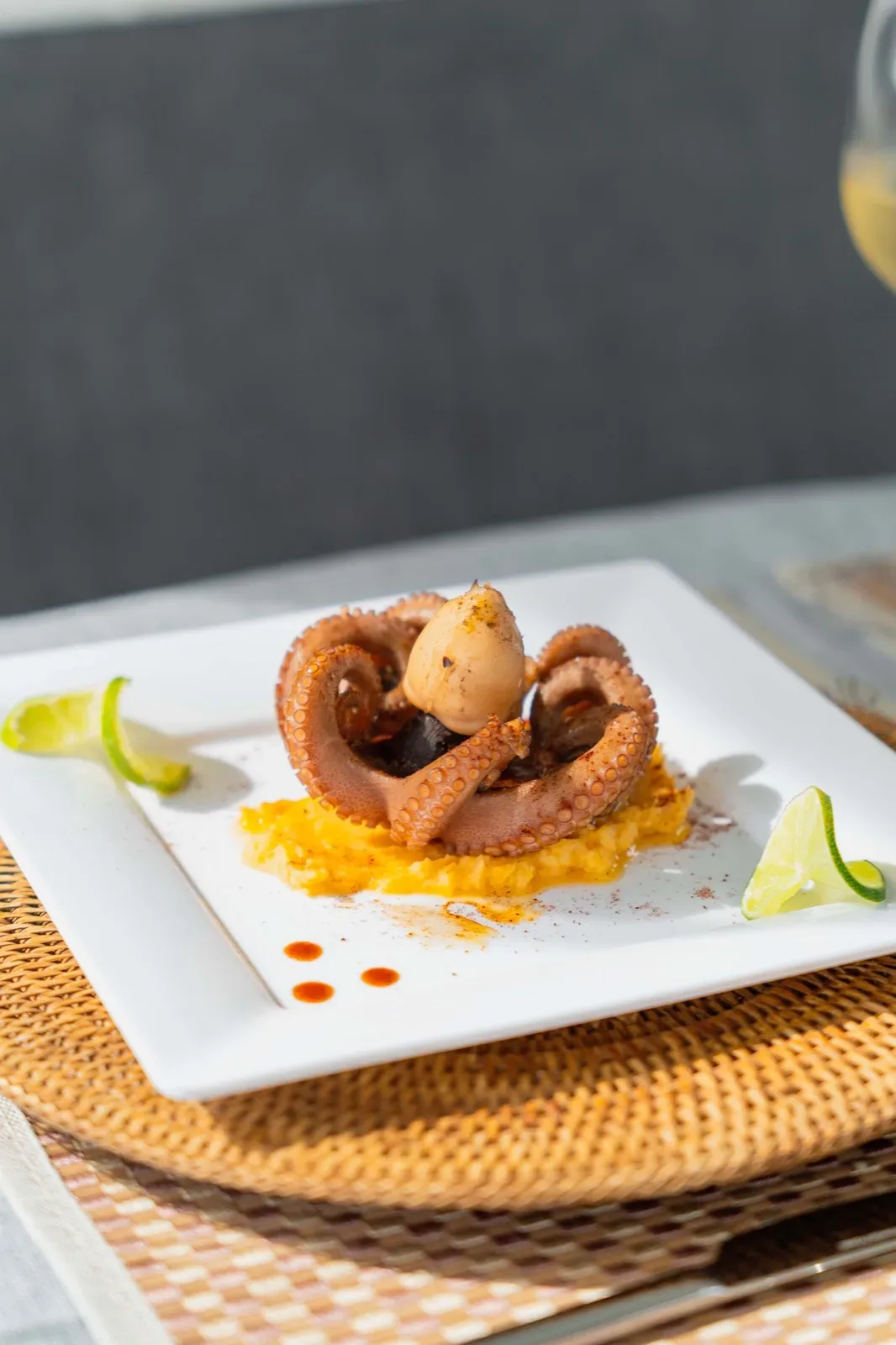 Octopus plated on yellow puree, prepared by the cook aboard the Lagoon 450