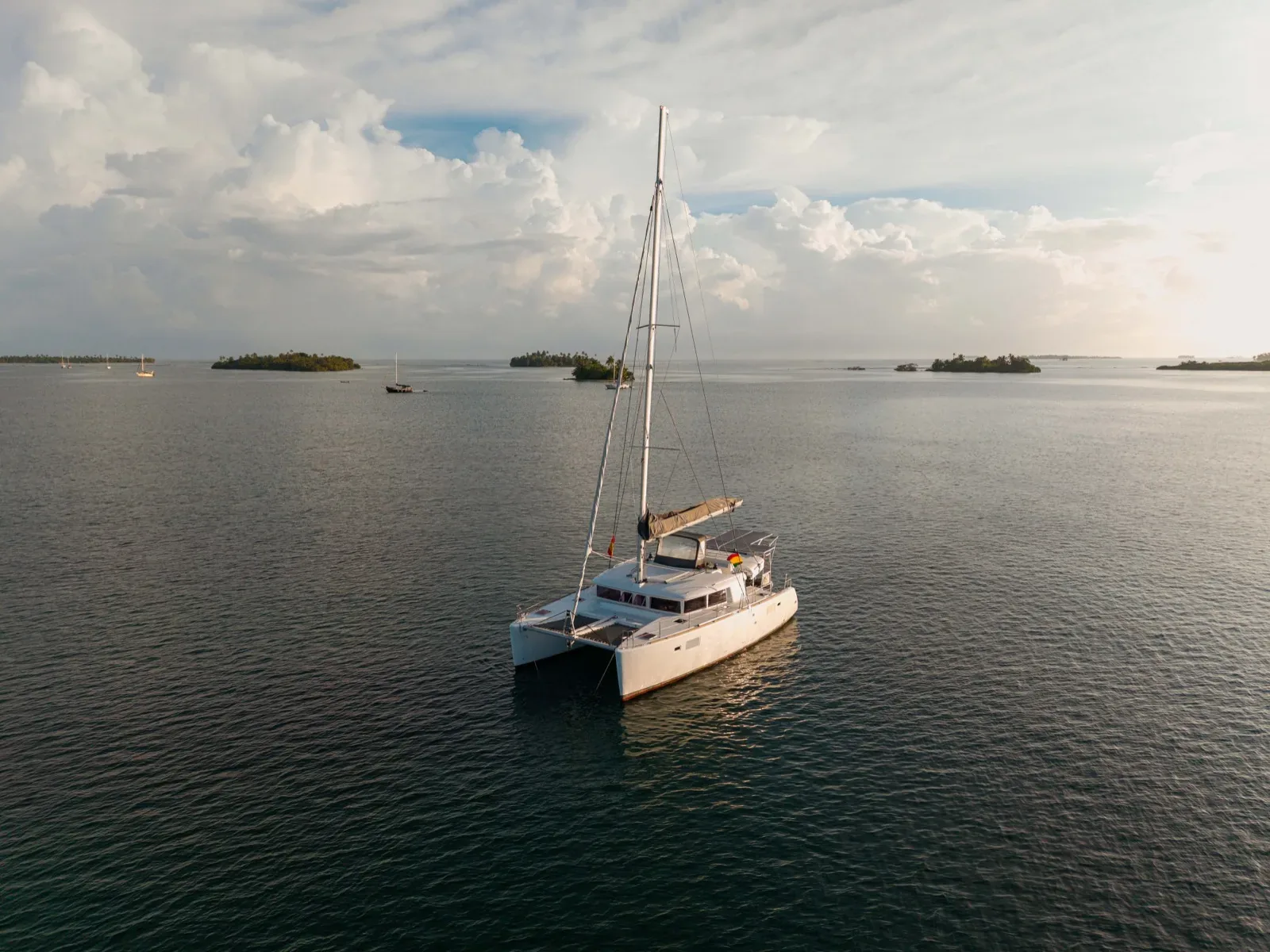 The Lagoon 450 at anchor among the San Blas Islands at sunset