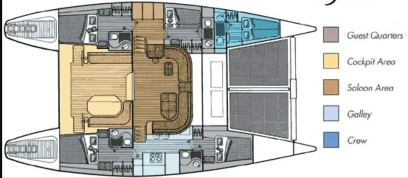 Deck plan of the Lagoon 55 showing the four guest cabins, saloon, galley and separate crew quarters