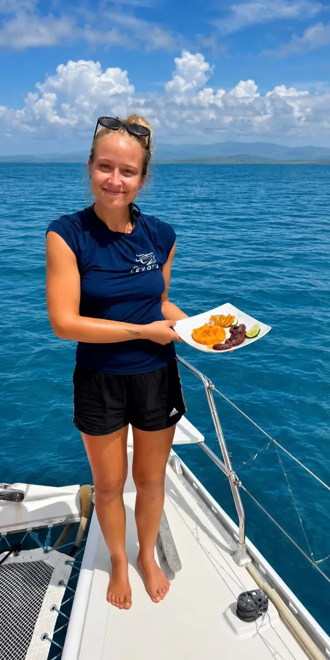 Crew serving a plated lunch on the foredeck of the Lagoon 55