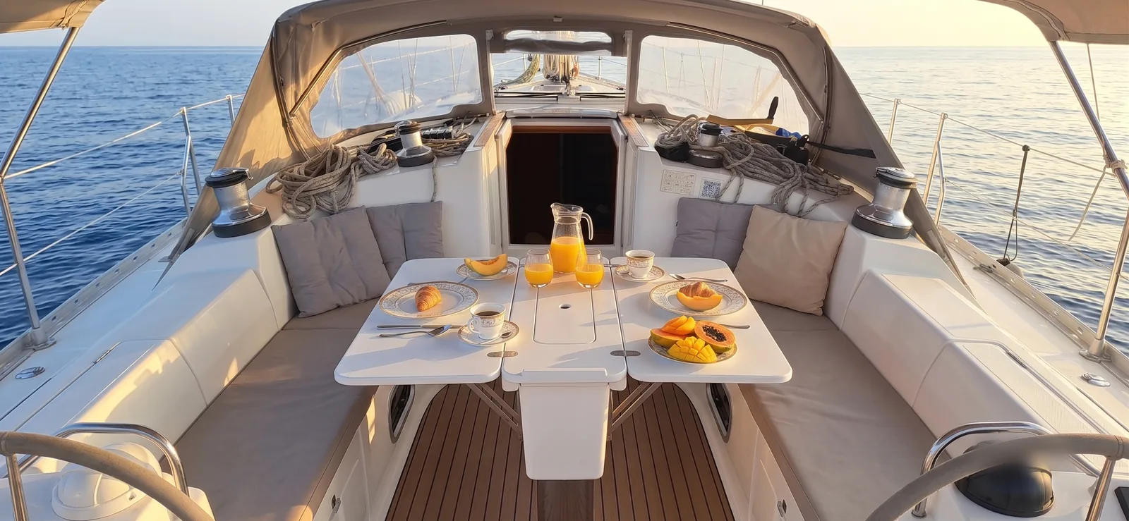 Breakfast laid out in the cockpit: papaya, mango, croissants, orange juice and coffee
