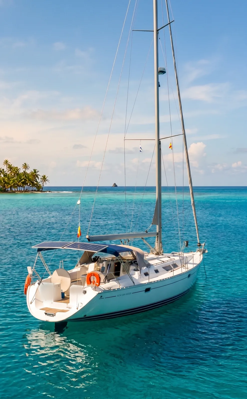 The Jeanneau 45.2 at anchor in turquoise water off a palm-covered San Blas island