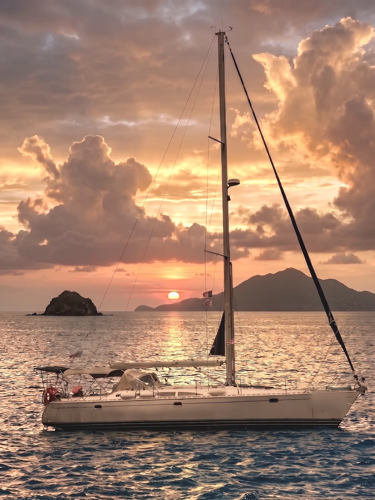 The Jeanneau 45.2 at anchor at sunset, sails furled