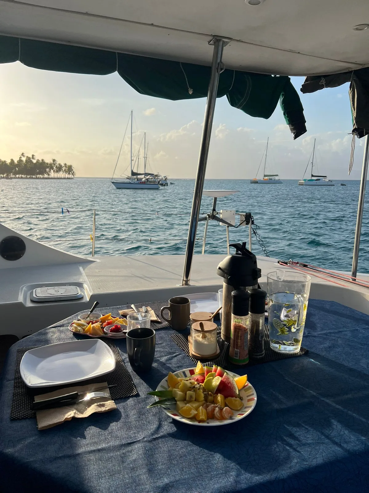 Breakfast with fruit and coffee laid out in the cockpit