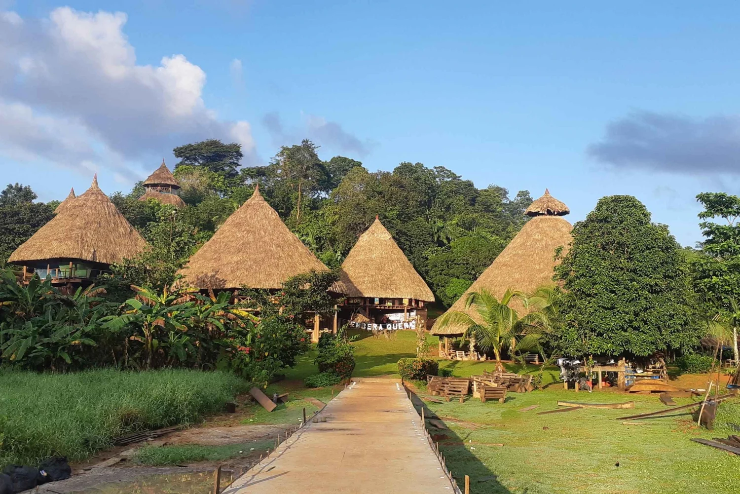 Embera village with traditional thatched huts